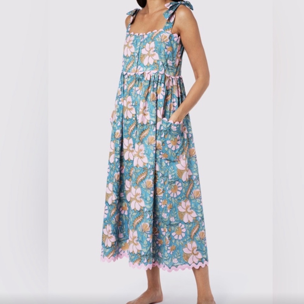 Juliet Dunn tie shoulder floral midi dress with rick rack trim